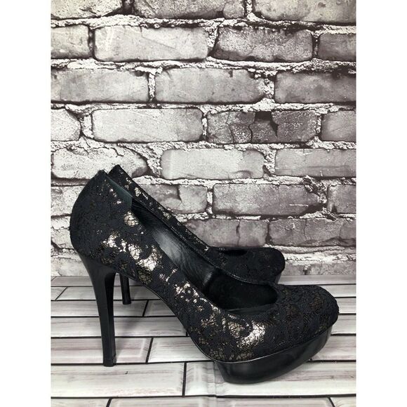 Tory Burch Black Leather Floral Fabric Platform Stiletto High Heels Women Sz 8M - Picture 1 of 16